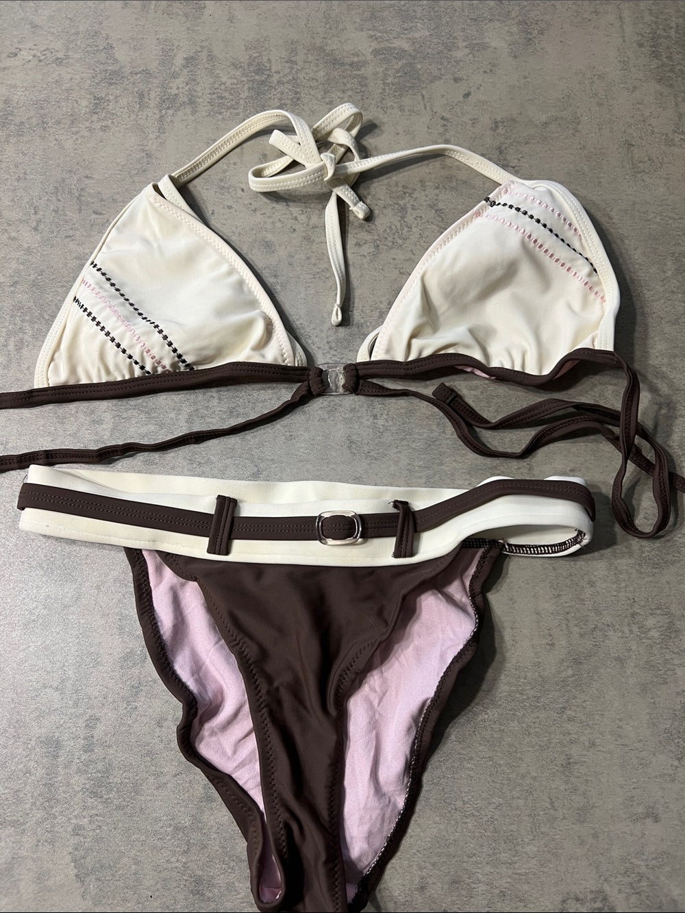 Cream and Brown Two-Piece Bikini Set with Decorative Belt